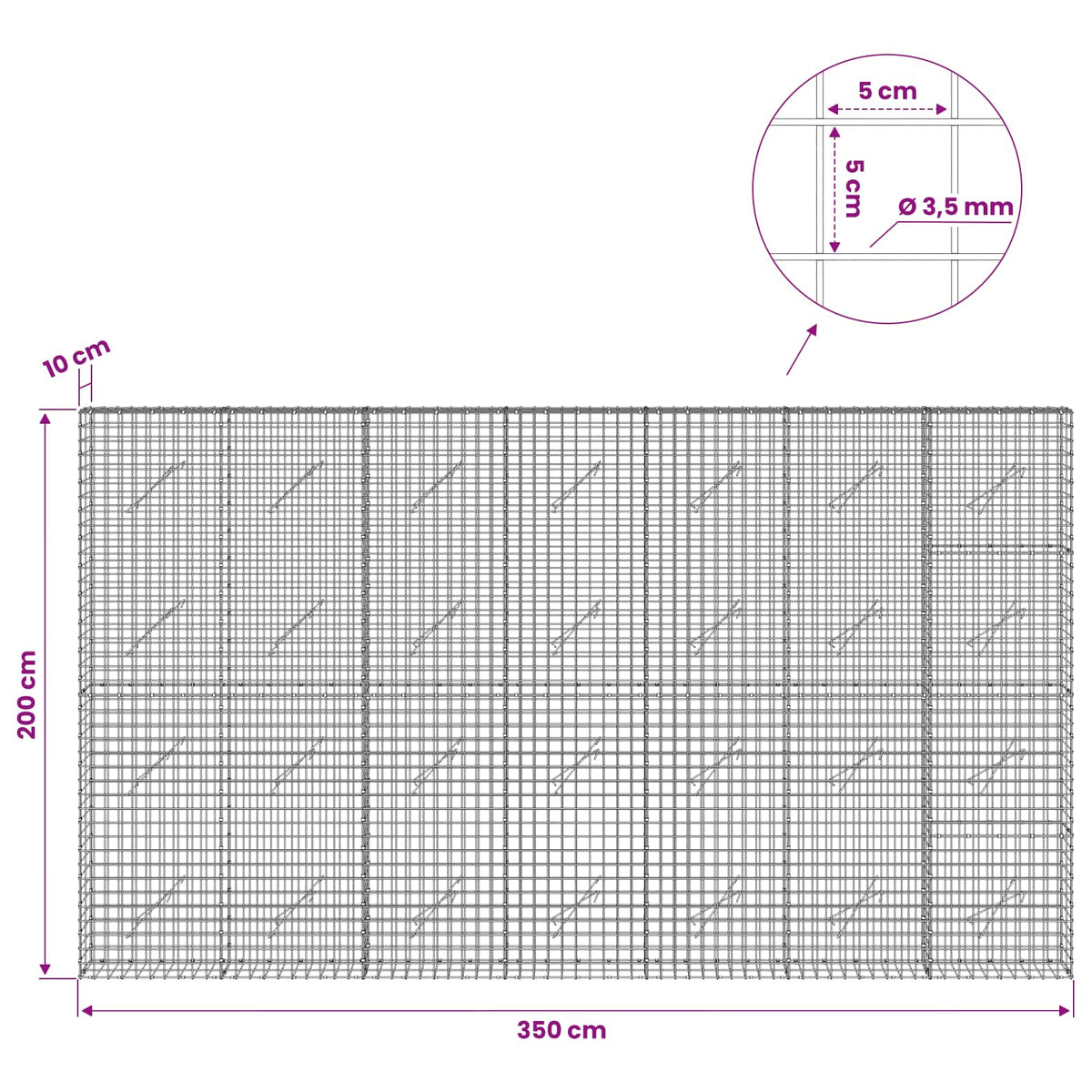 vidaXL Gabion z drutu 3,5 mm i siatką 5x5 cm 350x10x200 cm