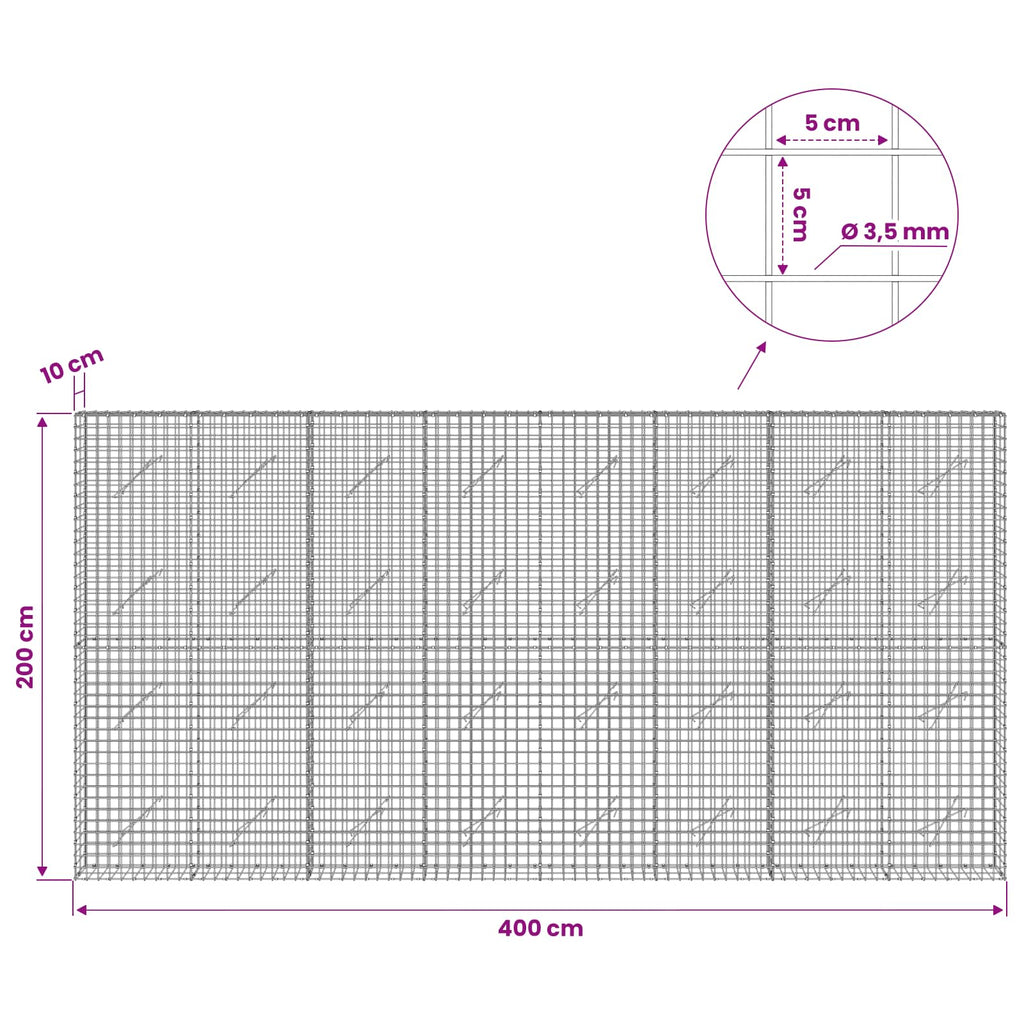 vidaXL Gabion z drutu 3,5 mm i siatką 5x5 cm 400x10x200 cm