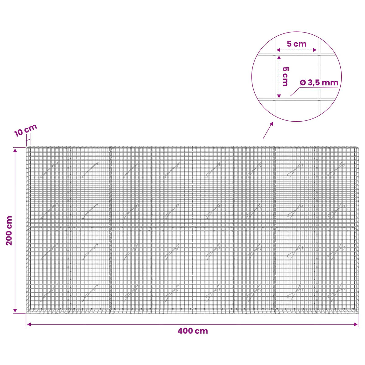 vidaXL Gabion z drutu 3,5 mm i siatką 5x5 cm 400x10x200 cm