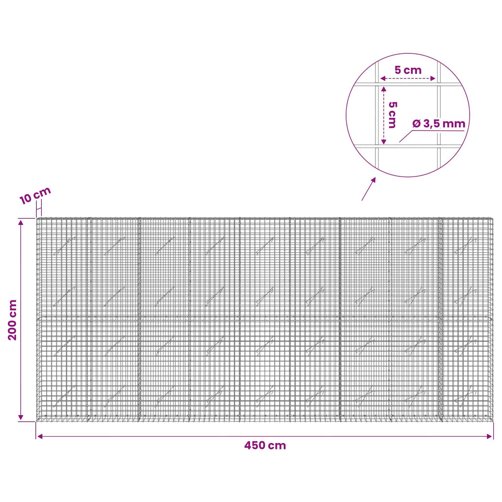 vidaXL Gabion z drutu 3,5 mm i siatką 5x5 cm 450x10x200 cm