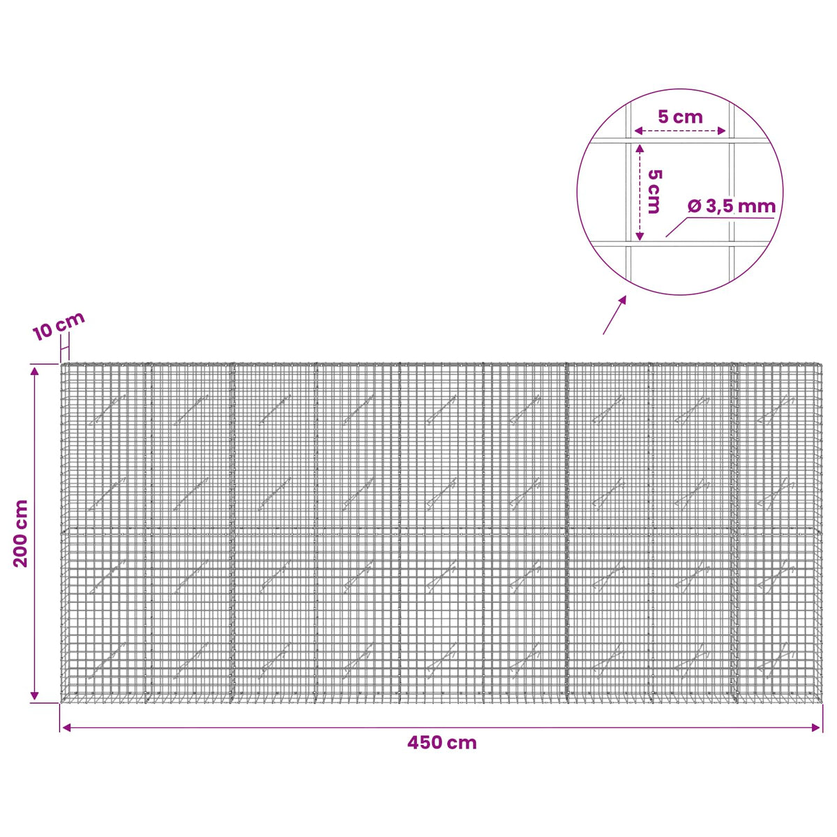 vidaXL Gabion z drutu 3,5 mm i siatką 5x5 cm 450x10x200 cm