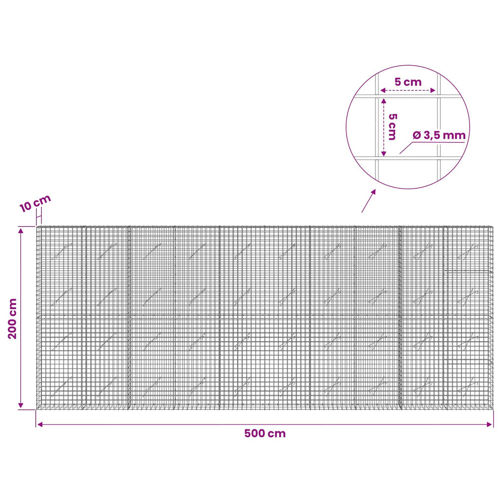 vidaXL Gabion z drutu 3,5 mm i siatką 5x5 cm 500x10x200 cm