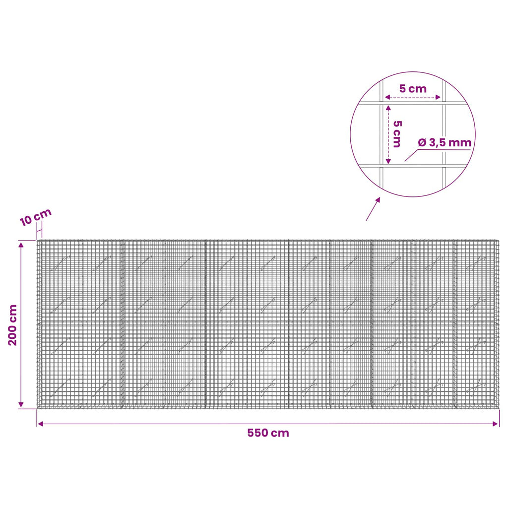vidaXL Gabion z drutu 3,5 mm i siatką 5x5 cm 550x10x200 cm
