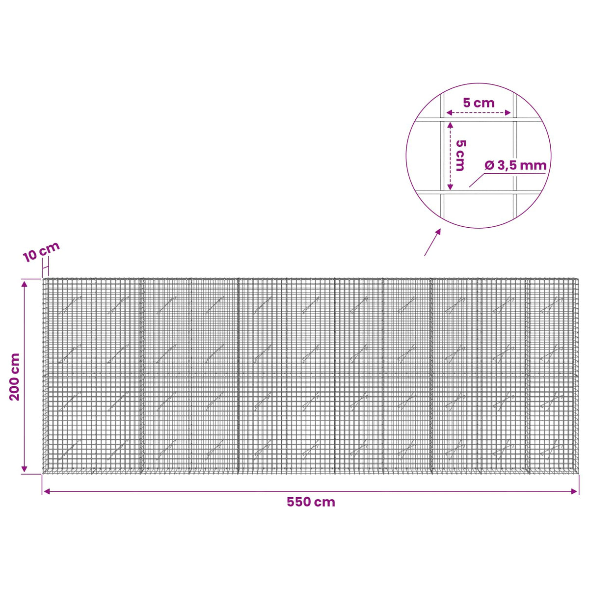 vidaXL Gabion z drutu 3,5 mm i siatką 5x5 cm 550x10x200 cm