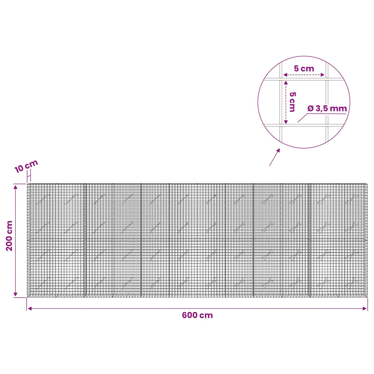 vidaXL Gabion z drutu 3,5 mm i siatką 5x5 cm 600x10x200 cm