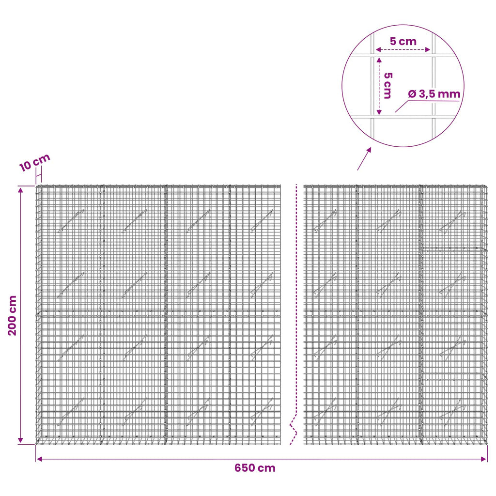 vidaXL Gabion z drutu 3,5 mm i siatką 5x5 cm 650x10x200 cm