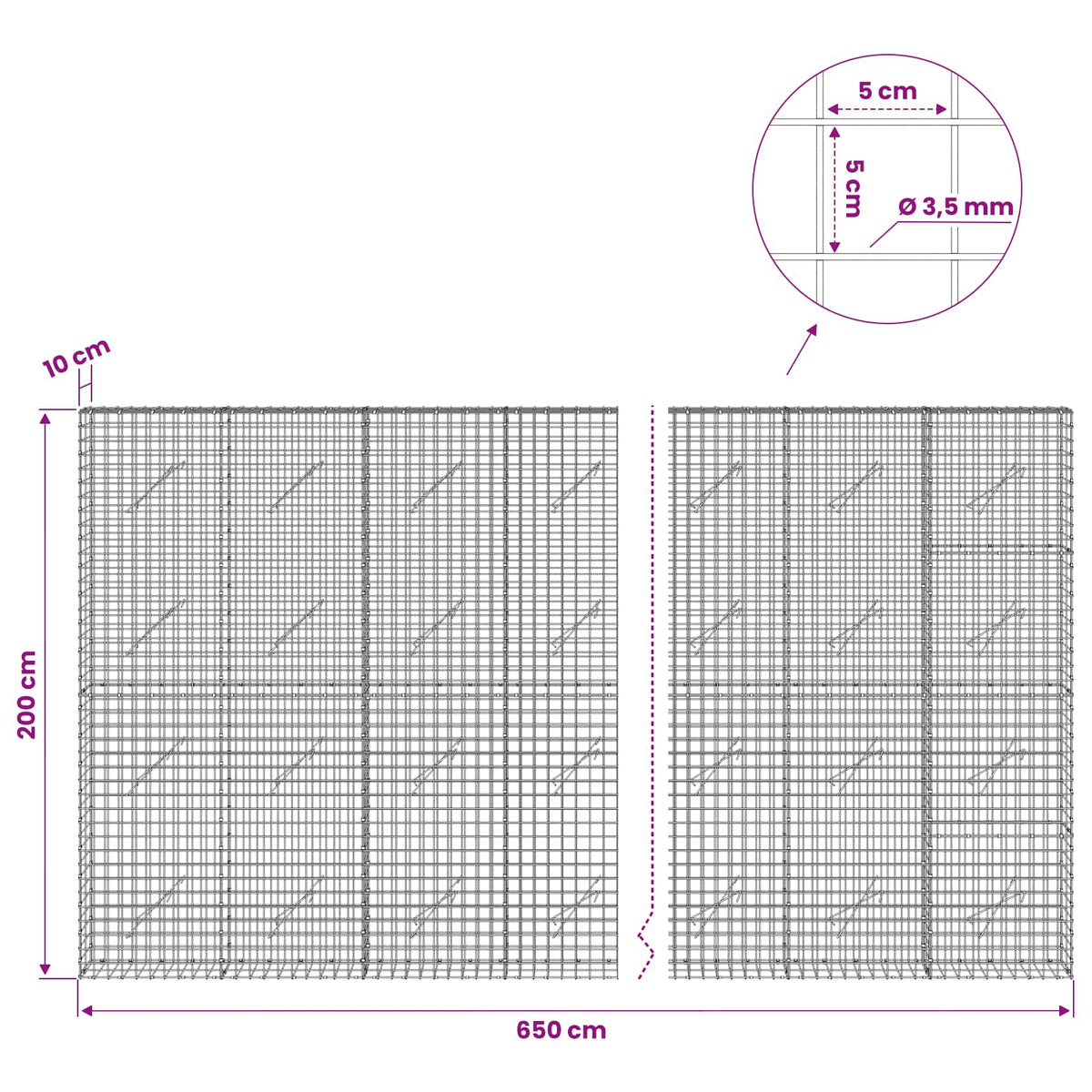 vidaXL Gabion z drutu 3,5 mm i siatką 5x5 cm 650x10x200 cm