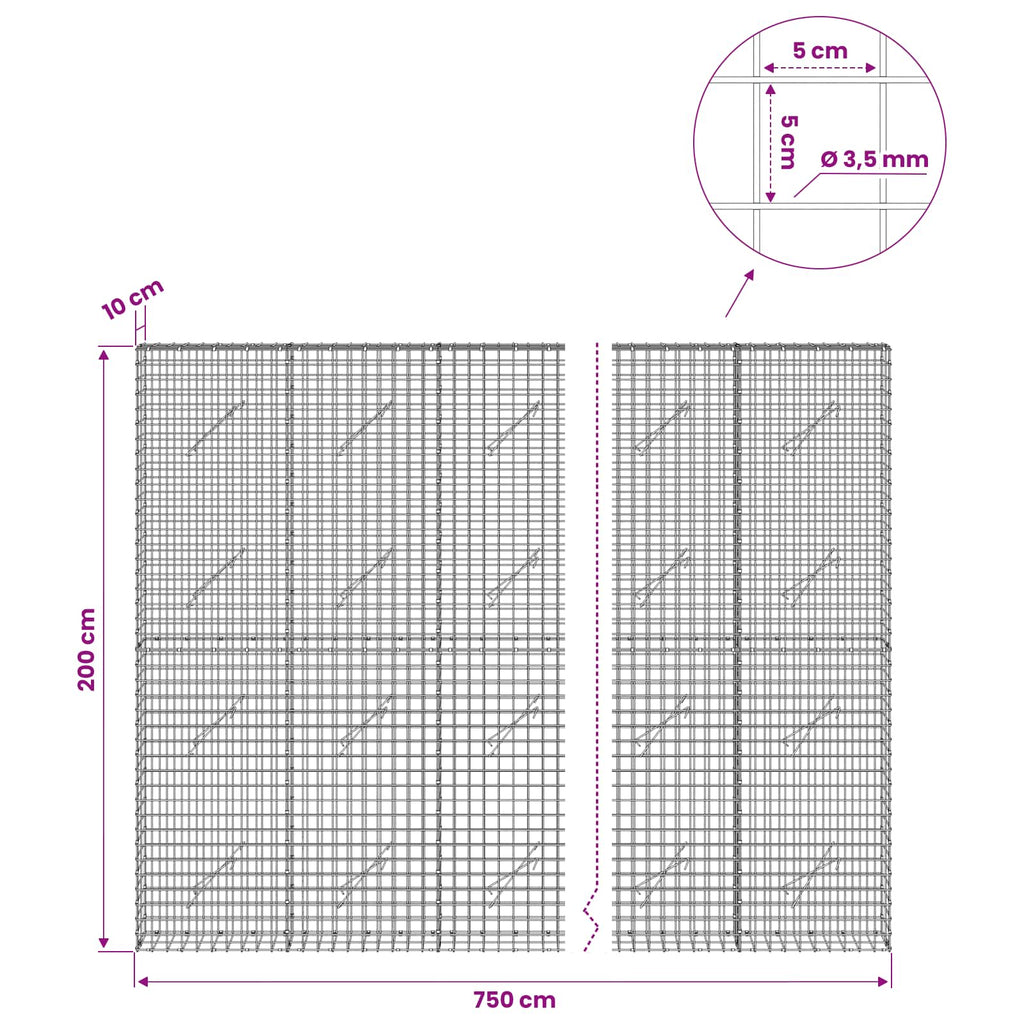 vidaXL Gabion z drutu 3,5 mm i siatką 5x5 cm 750x10x200 cm