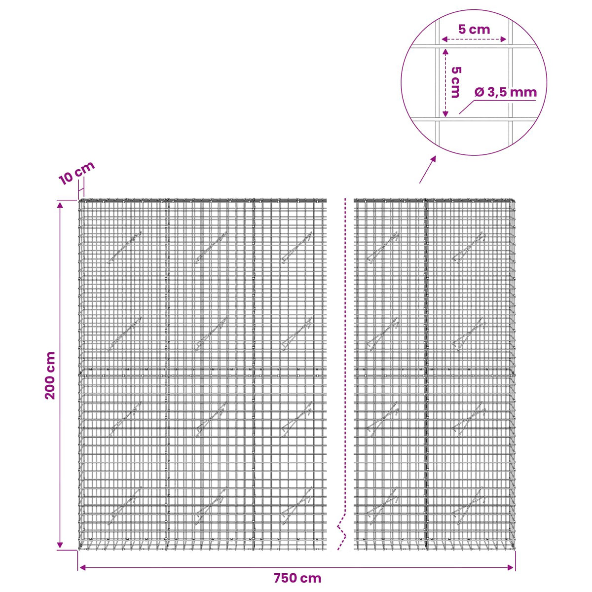 vidaXL Gabion z drutu 3,5 mm i siatką 5x5 cm 750x10x200 cm