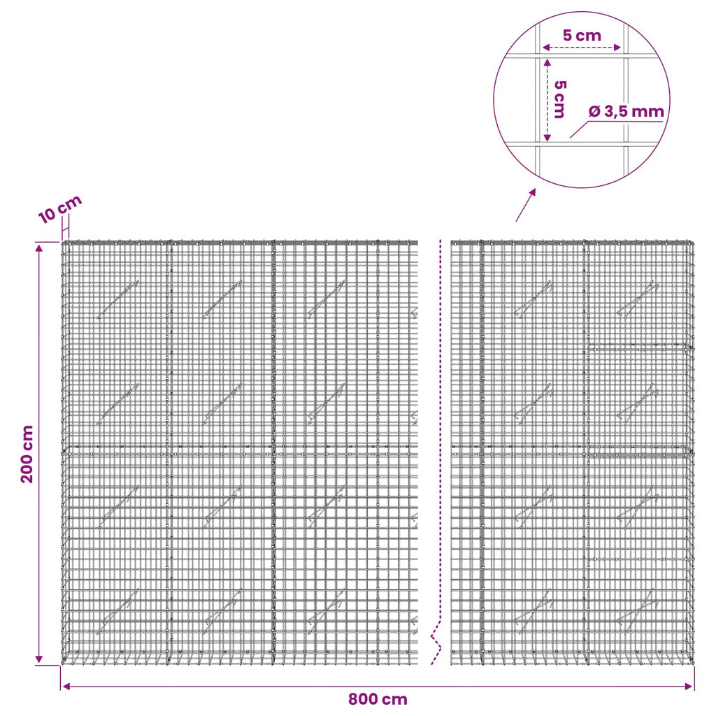 vidaXL Gabion z drutu 3,5 mm i siatką 5x5 cm 800x10x200 cm
