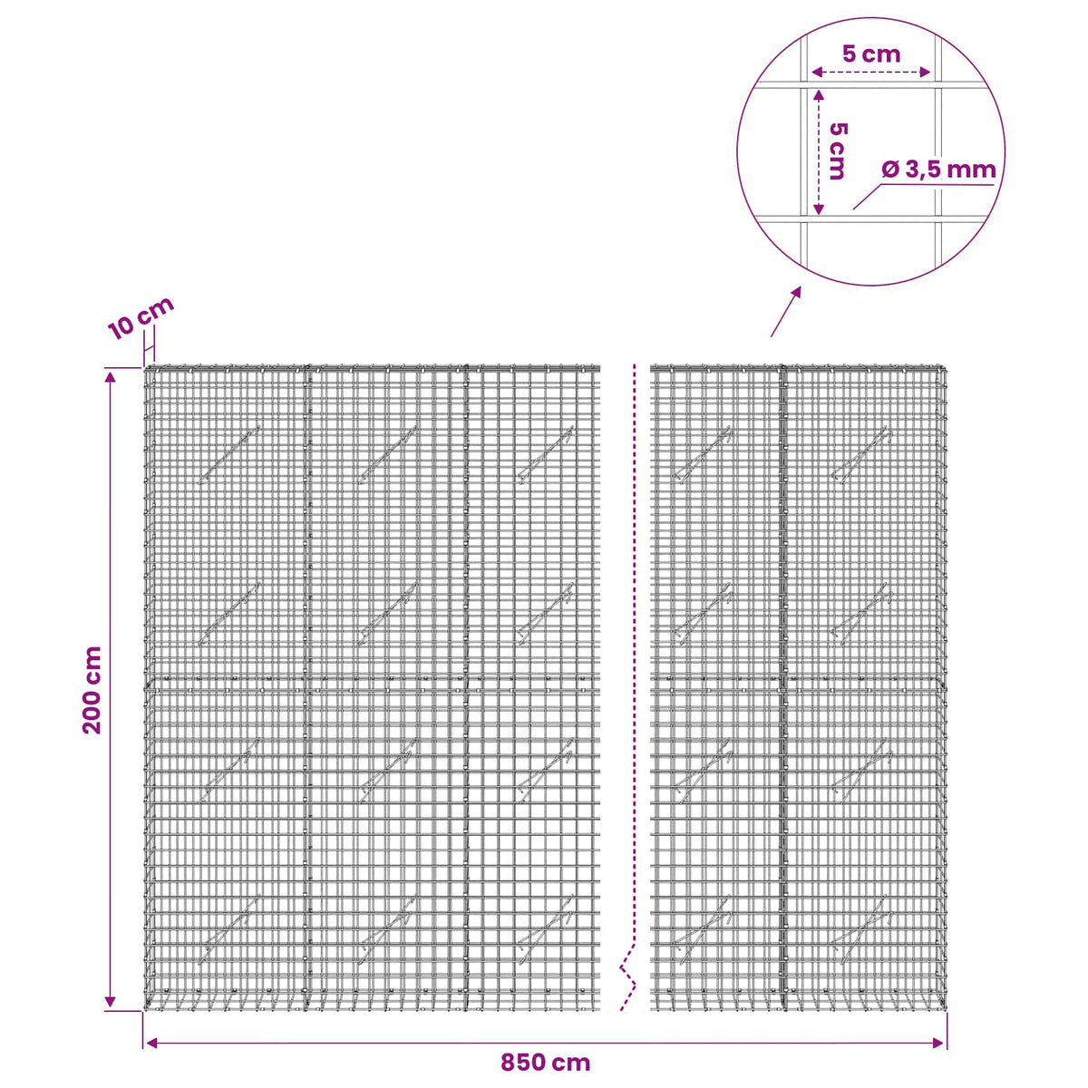 vidaXL Gabion z drutu 3,5 mm i siatką 5x5 cm 850x10x200 cm