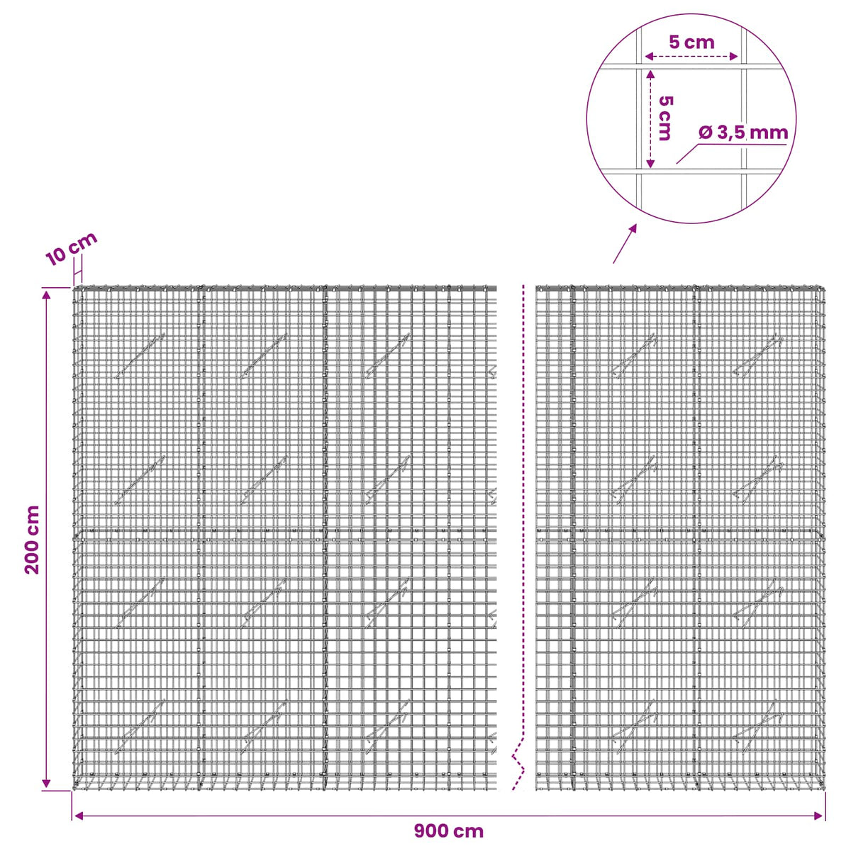 vidaXL Gabion z drutu 3,5 mm i siatką 5x5 cm 900x10x200 cm
