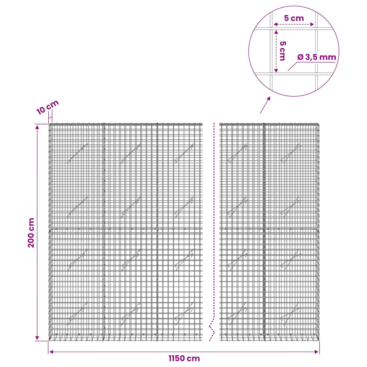 vidaXL Gabion z drutu 3,5 mm i siatką 5x5 cm 1150x10x200 cm