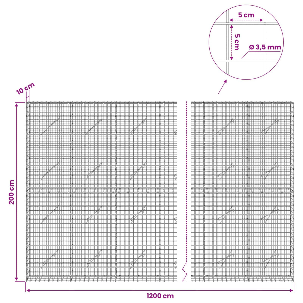 vidaXL Gabion z drutu 3,5 mm i siatką 5x5 cm 1200x10x200 cm