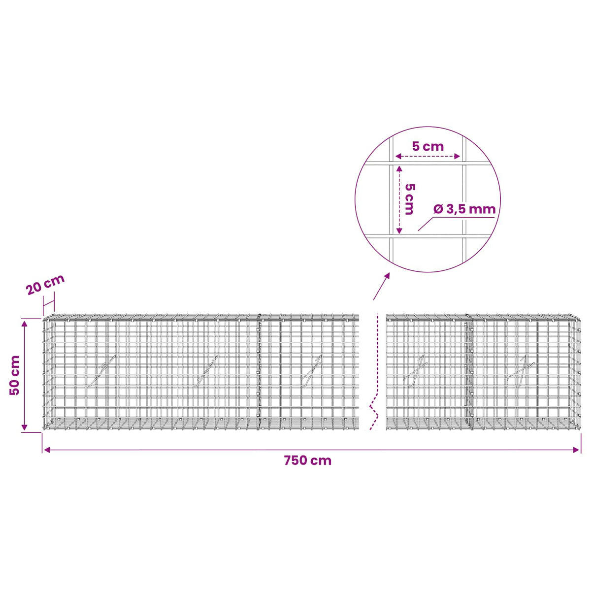 vidaXL Gabion z drutu 3,5 mm i siatką 5x5 cm 750x20x50 cm