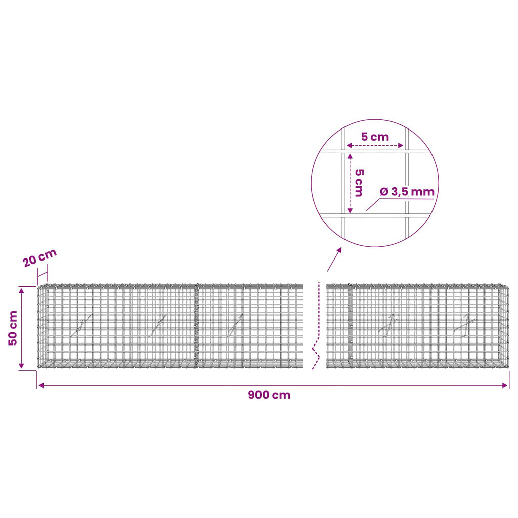 vidaXL Gabion z drutu 3,5 mm i siatką 5x5 cm 900x20x50 cm