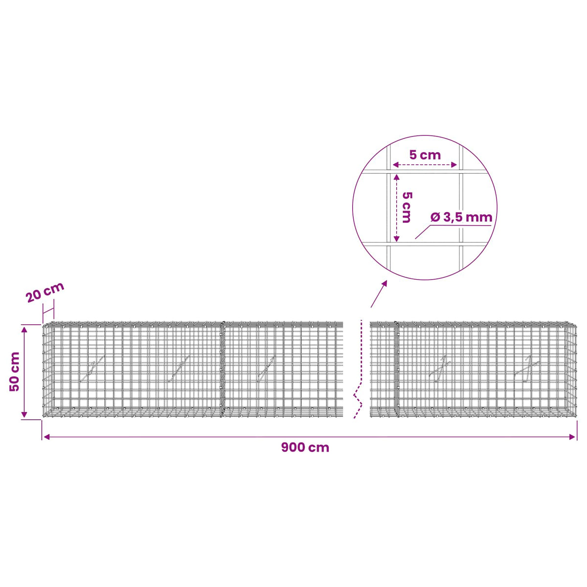 vidaXL Gabion z drutu 3,5 mm i siatką 5x5 cm 900x20x50 cm