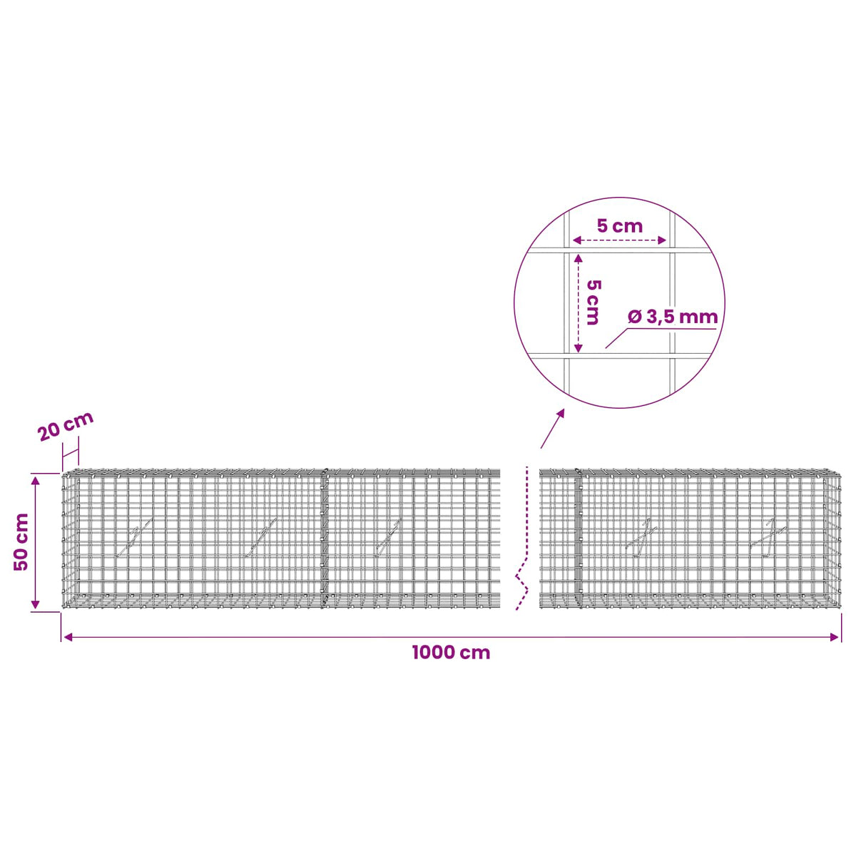 vidaXL Gabion z drutu 3,5 mm i siatką 5x5 cm 1000x20x50 cm