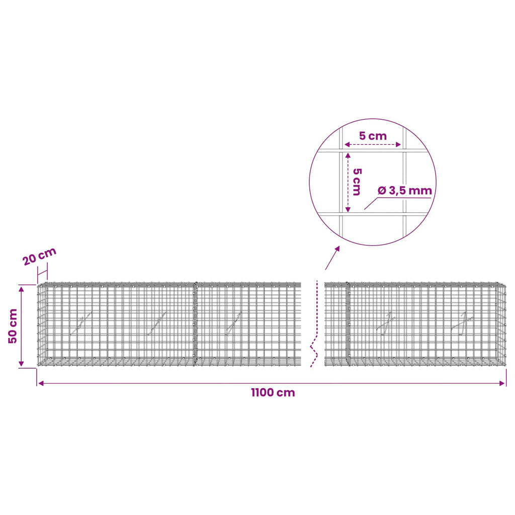 vidaXL Gabion z drutu 3,5 mm i siatką 5x5 cm 1100x20x50 cm