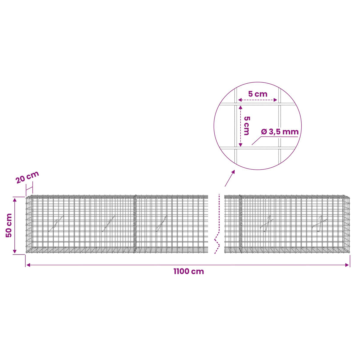 vidaXL Gabion z drutu 3,5 mm i siatką 5x5 cm 1100x20x50 cm