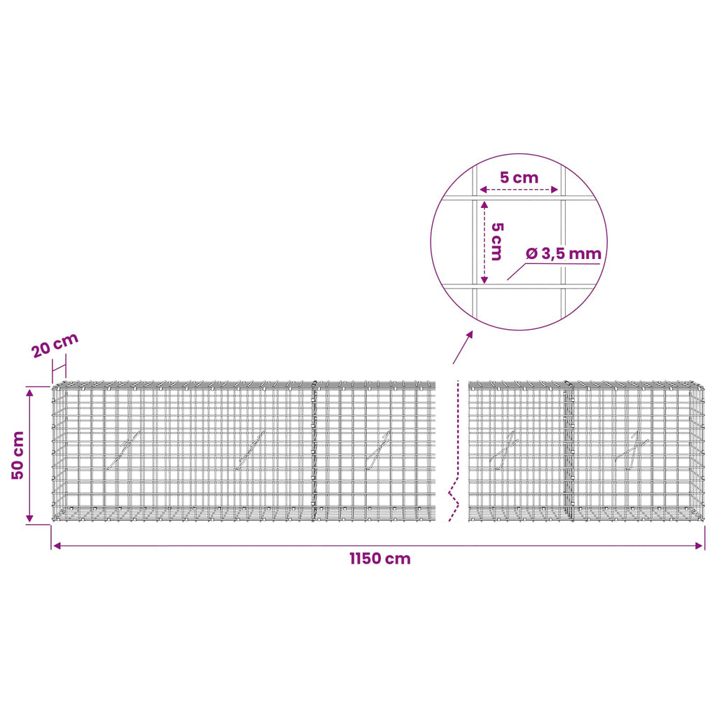 vidaXL Gabion z drutu 3,5 mm i siatką 5x5 cm 1150x20x50 cm