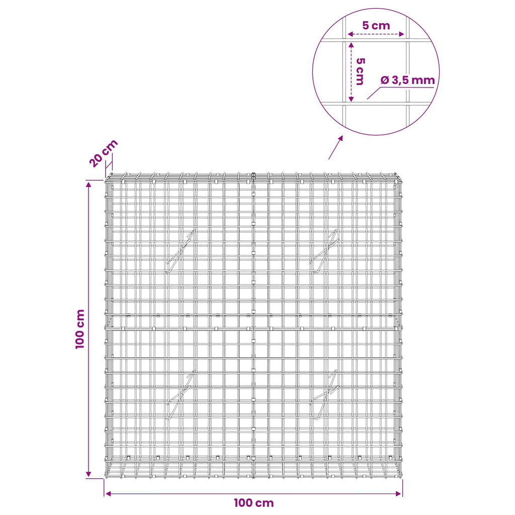 vidaXL Gabion z drutu 3,5 mm i siatką 5x5 cm 100x20x100 cm