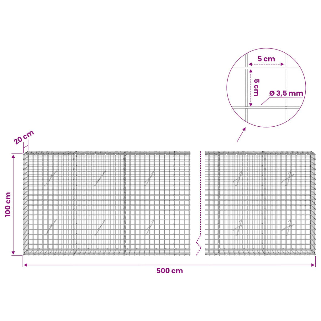vidaXL Gabion z drutu 3,5 mm i siatką 5x5 cm 500x20x100 cm