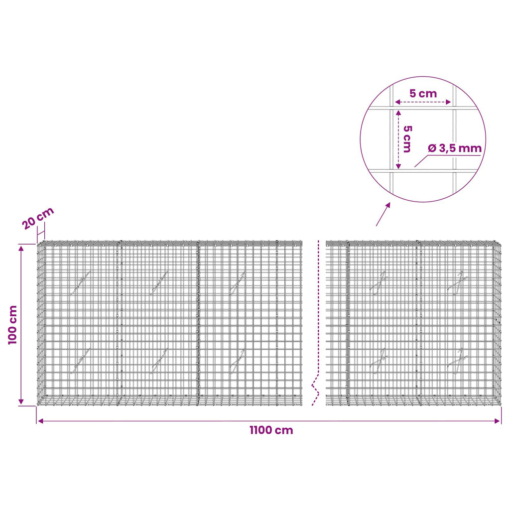 vidaXL Gabion z drutu 3,5 mm i siatką 5x5 cm 1100x20x100 cm