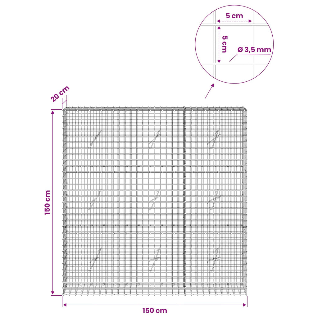 vidaXL Gabion z drutu 3,5 mm i siatką 5x5 cm 150x20x150 cm