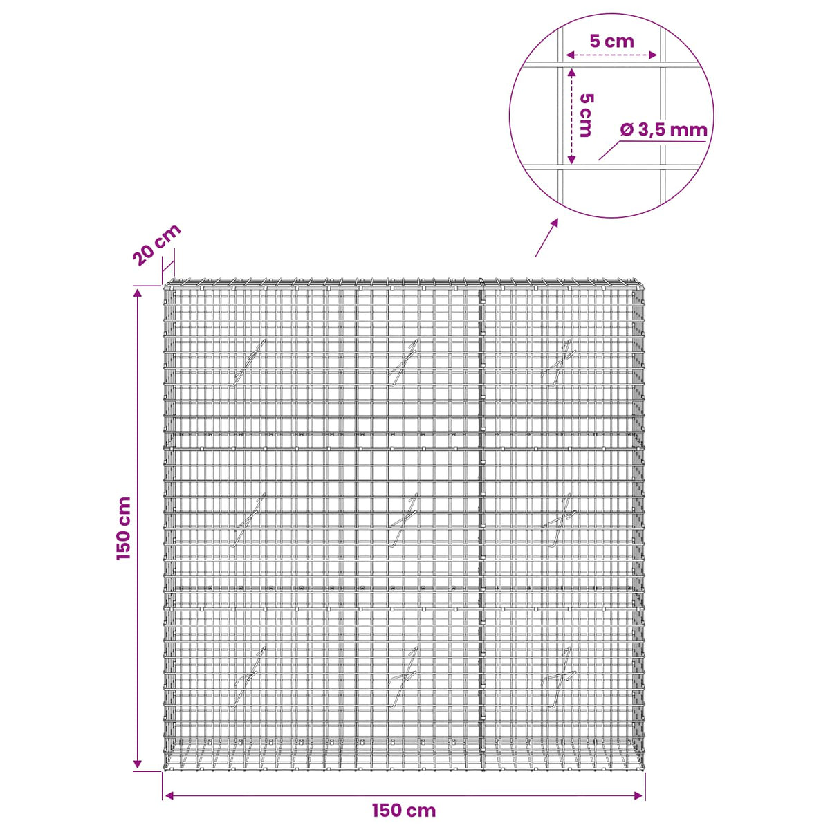 vidaXL Gabion z drutu 3,5 mm i siatką 5x5 cm 150x20x150 cm