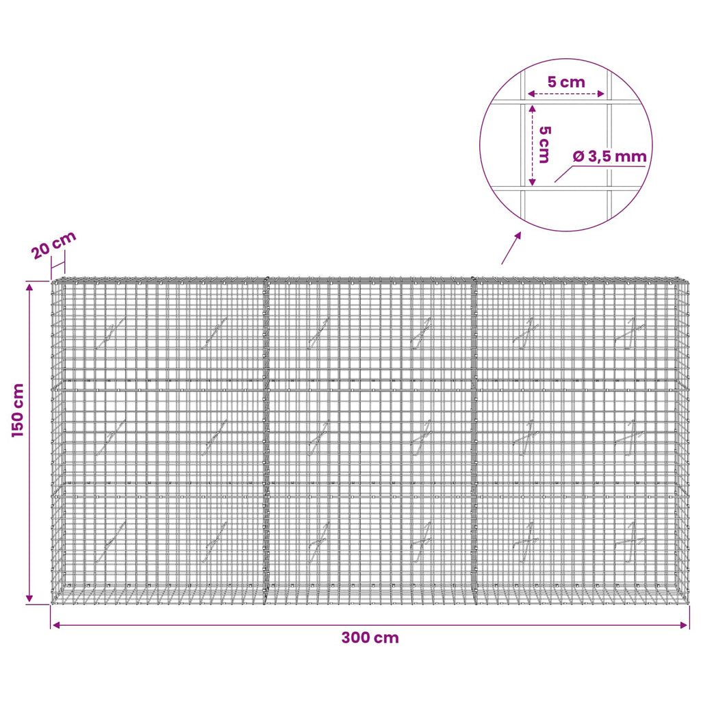 vidaXL Gabion z drutu 3,5 mm i siatką 5x5 cm 300x20x150 cm