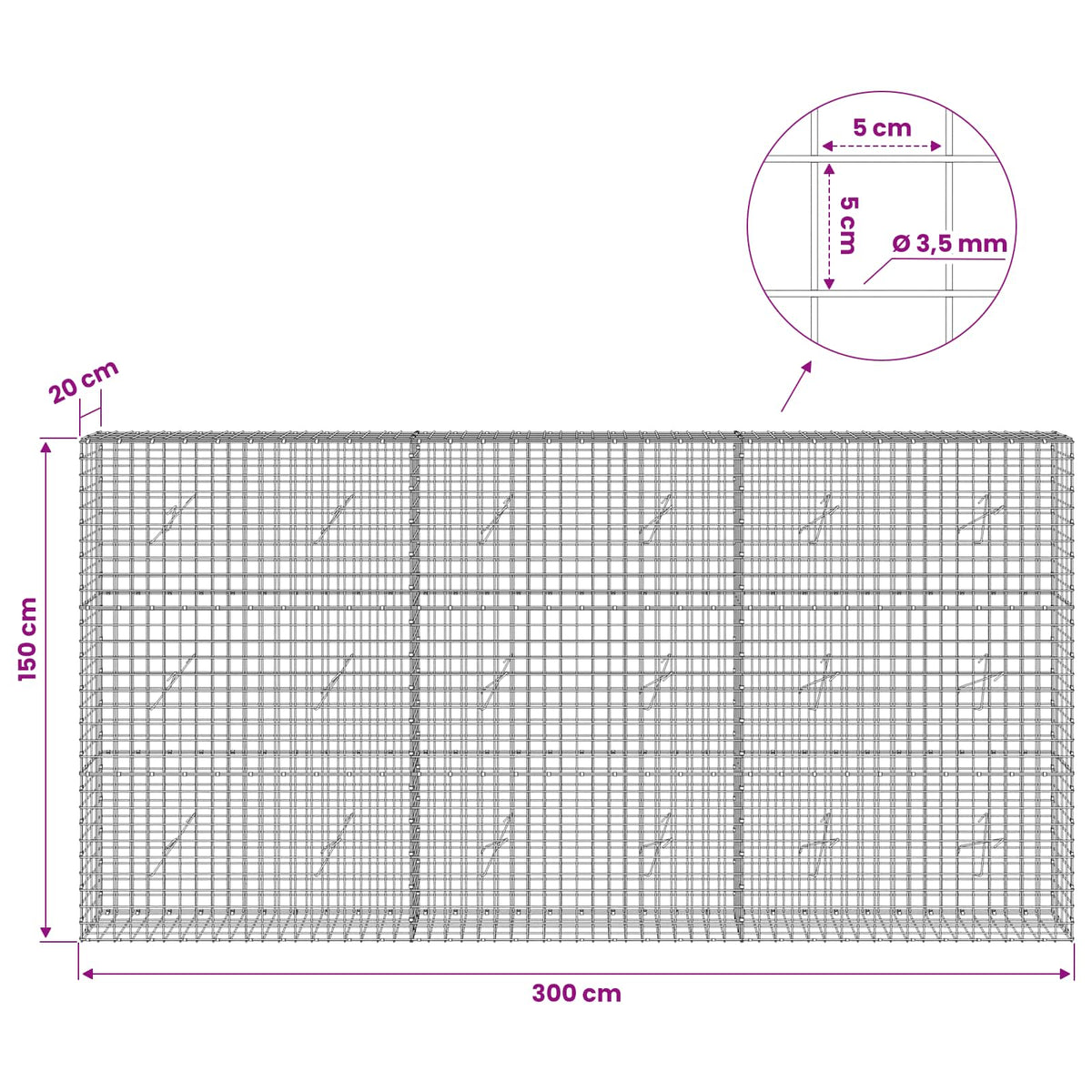 vidaXL Gabion z drutu 3,5 mm i siatką 5x5 cm 300x20x150 cm