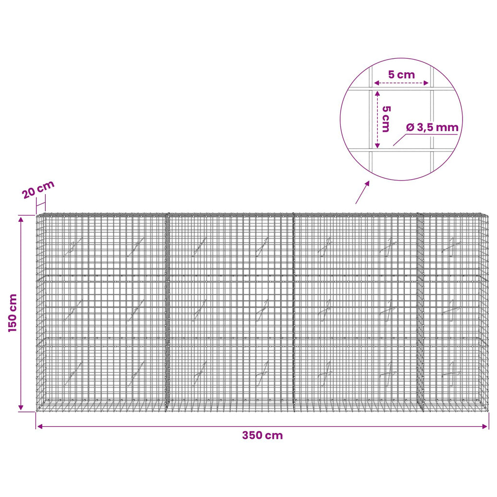 vidaXL Gabion z drutu 3,5 mm i siatką 5x5 cm 350x20x150 cm
