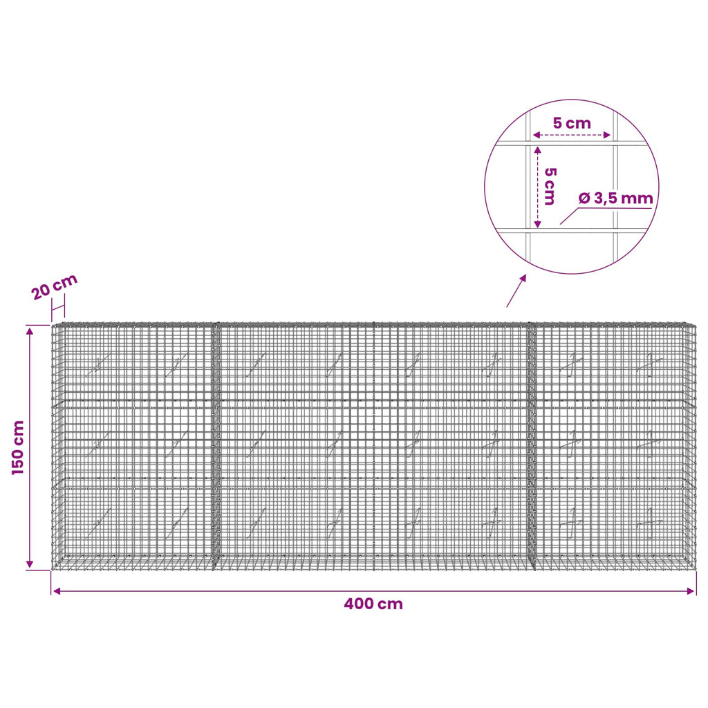 vidaXL Gabion z drutu 3,5 mm i siatką 5x5 cm 400x20x150 cm