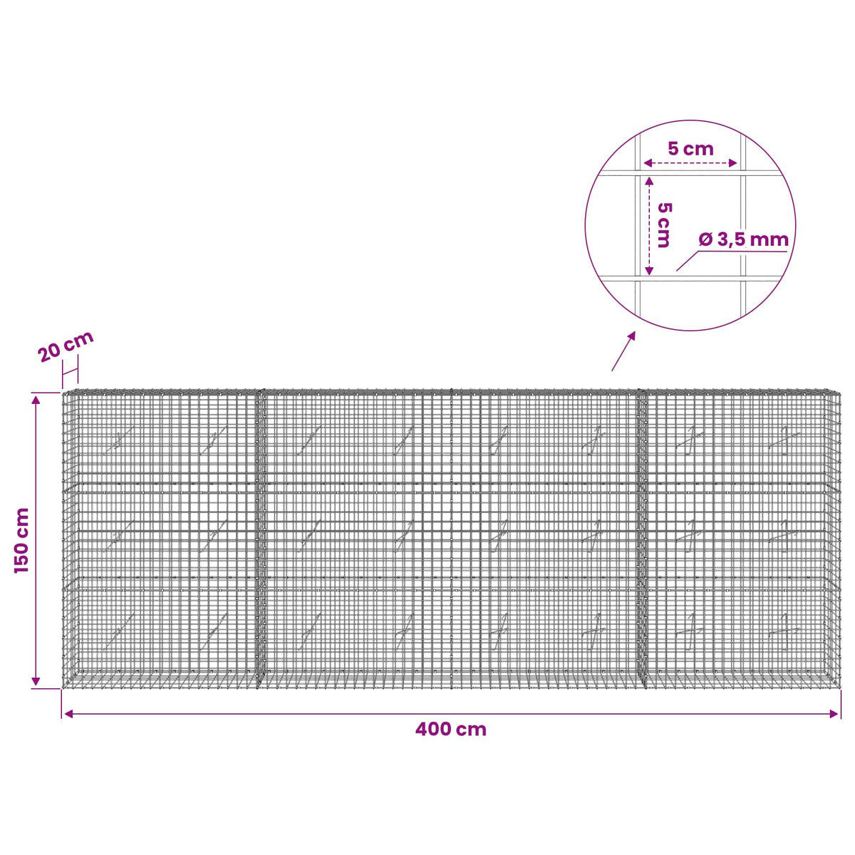 vidaXL Gabion z drutu 3,5 mm i siatką 5x5 cm 400x20x150 cm