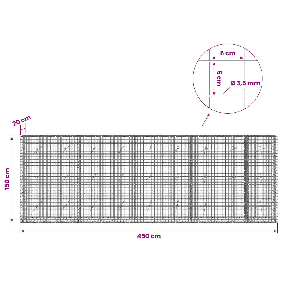 vidaXL Gabion z drutu 3,5 mm i siatką 5x5 cm 450x20x150 cm