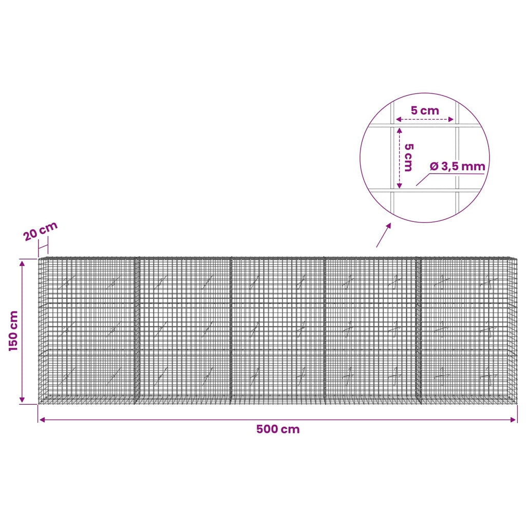vidaXL Gabion z drutu 3,5 mm i siatką 5x5 cm 500x20x150 cm