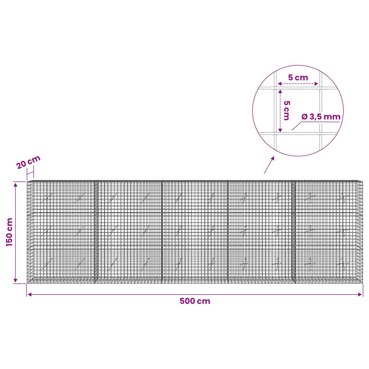 vidaXL Gabion z drutu 3,5 mm i siatką 5x5 cm 500x20x150 cm
