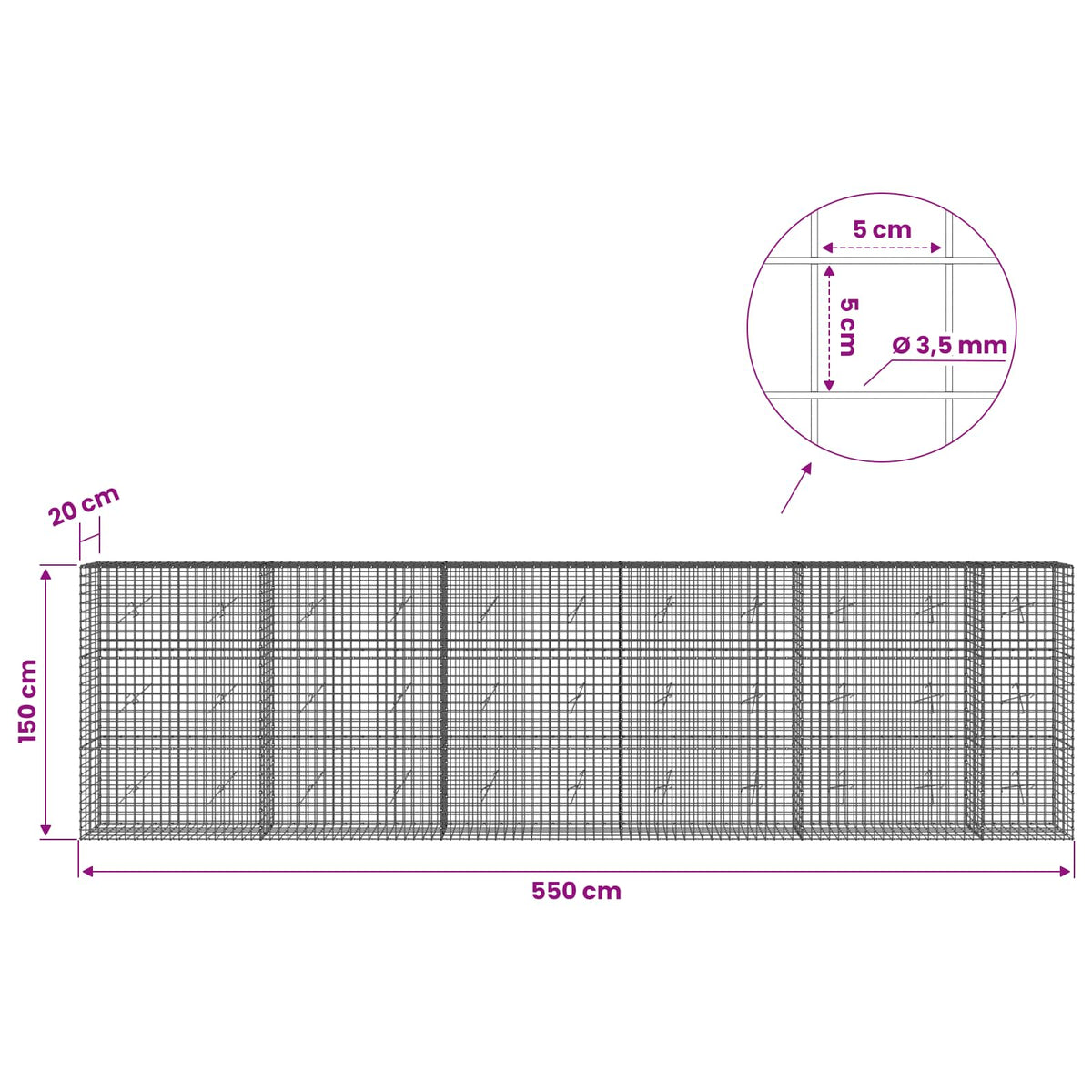 vidaXL Gabion z drutu 3,5 mm i siatką 5x5 cm 550x20x150 cm