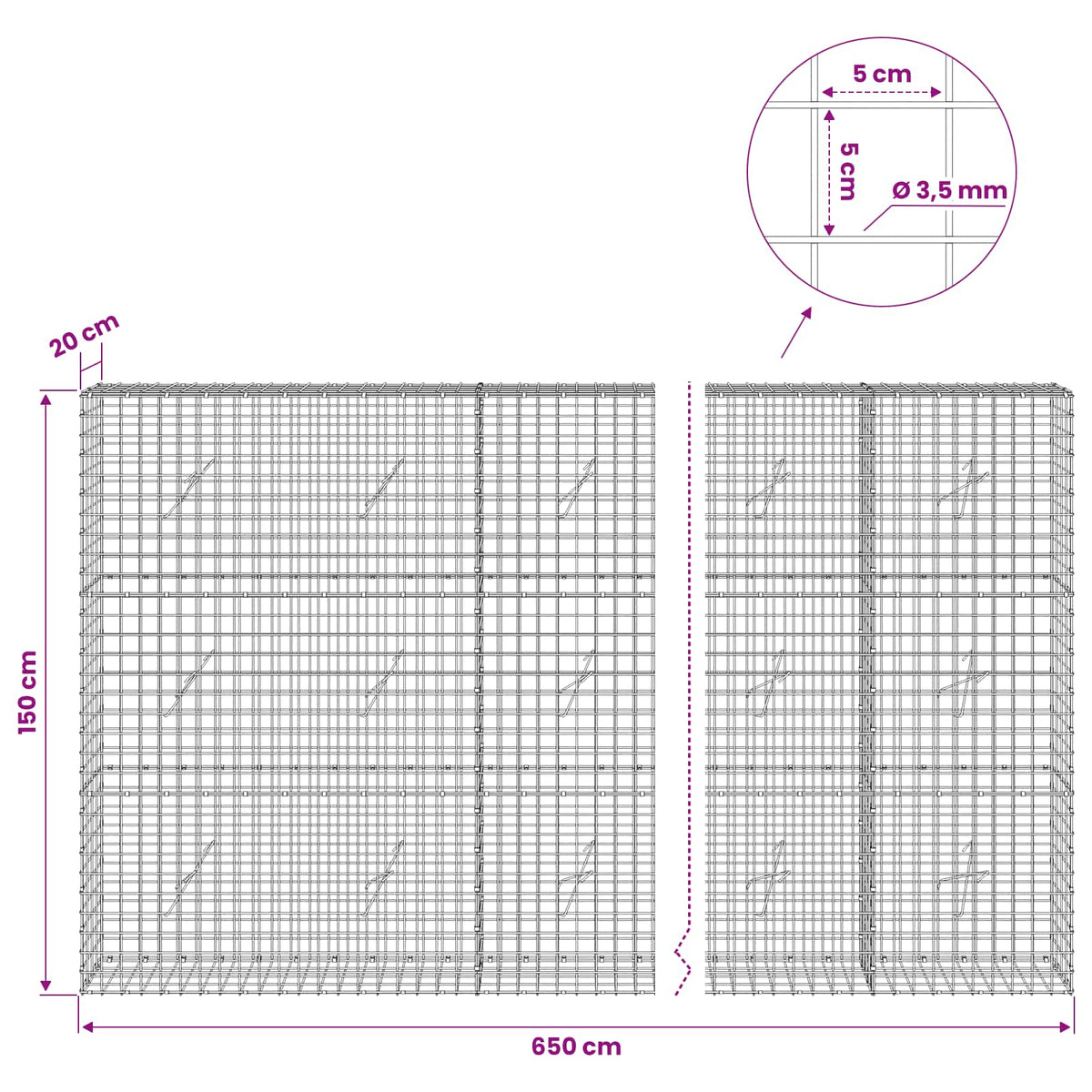 vidaXL Gabion z drutu 3,5 mm i siatką 5x5 cm 650x20x150 cm