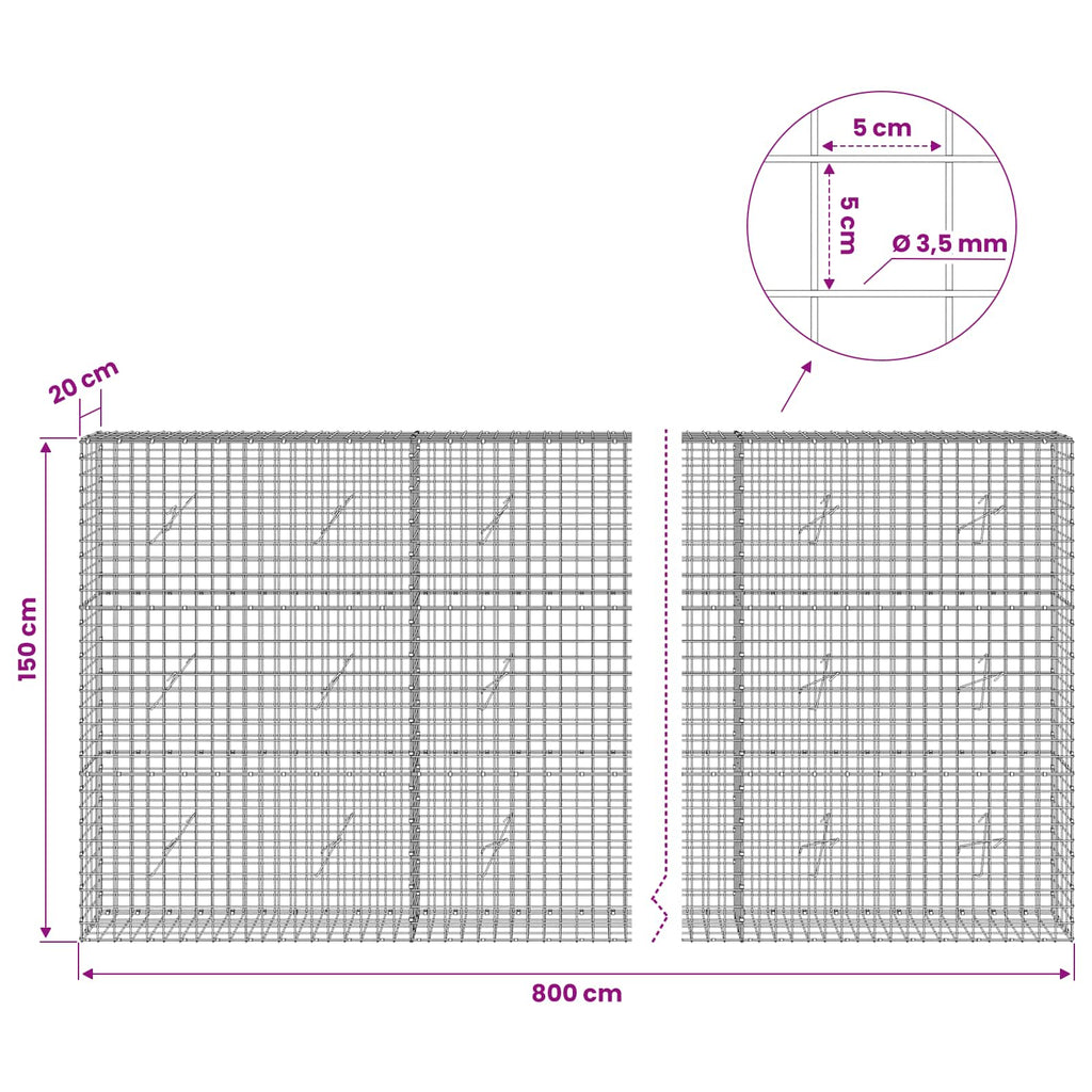 vidaXL Gabion z drutu 3,5 mm i siatką 5x5 cm 800x20x150 cm