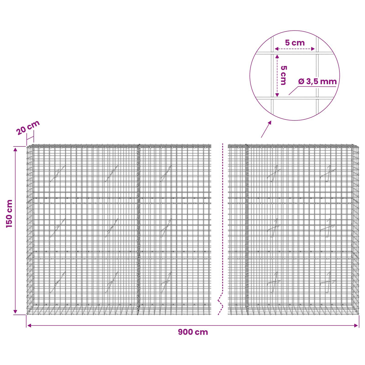 vidaXL Gabion z drutu 3,5 mm i siatką 5x5 cm 900x20x150 cm