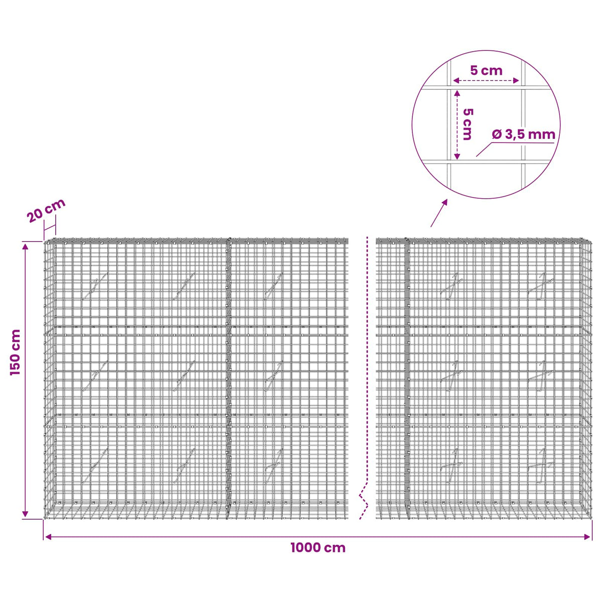 vidaXL Gabion z drutu 3,5 mm i siatką 5x5 cm 1000x20x150 cm