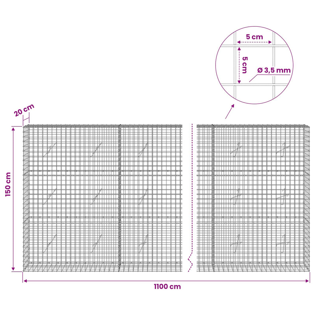 vidaXL Gabion z drutu 3,5 mm i siatką 5x5 cm 1100x20x150 cm