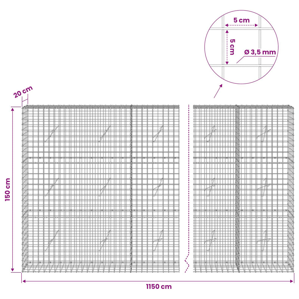 vidaXL Gabion z drutu 3,5 mm i siatką 5x5 cm 1150x20x150 cm
