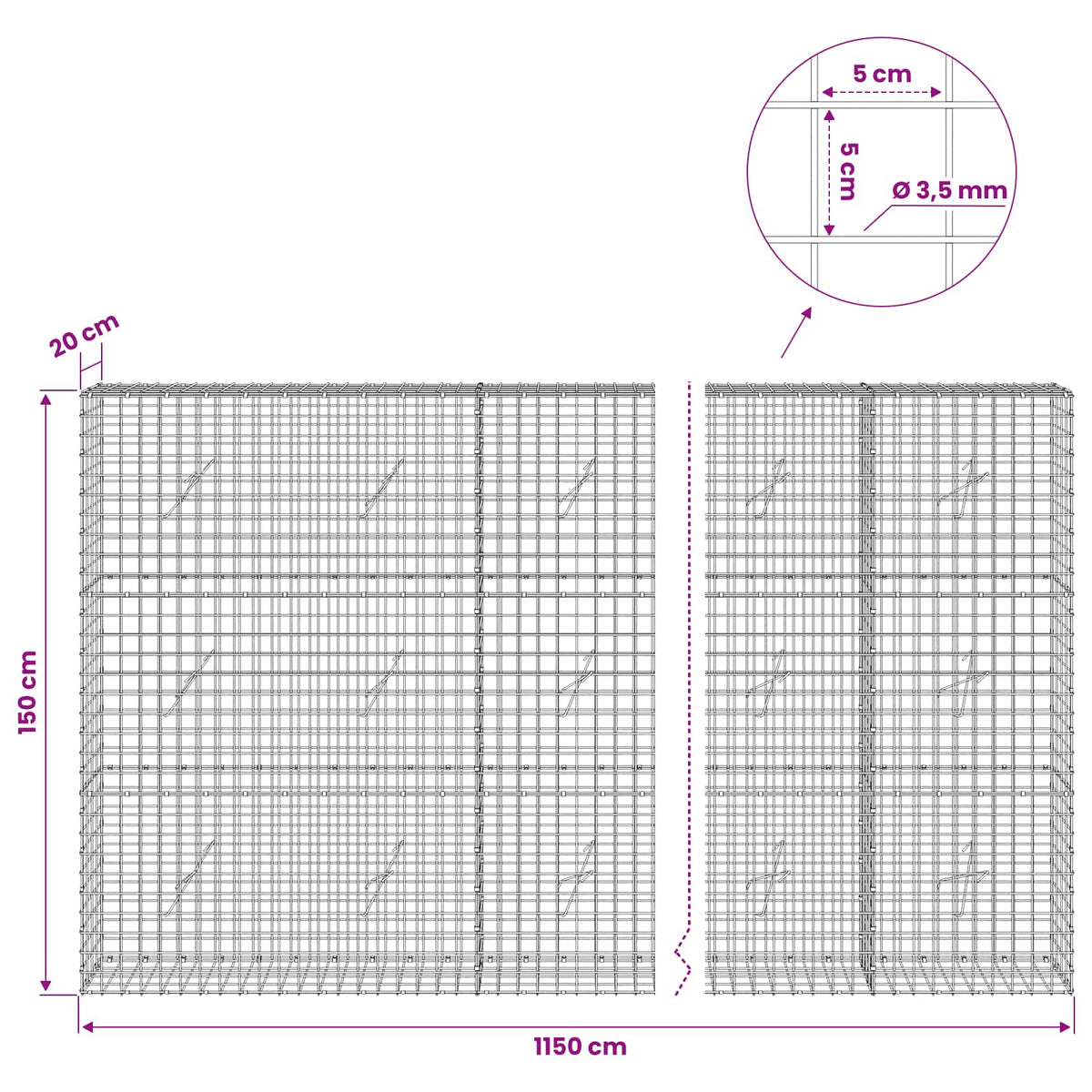 vidaXL Gabion z drutu 3,5 mm i siatką 5x5 cm 1150x20x150 cm