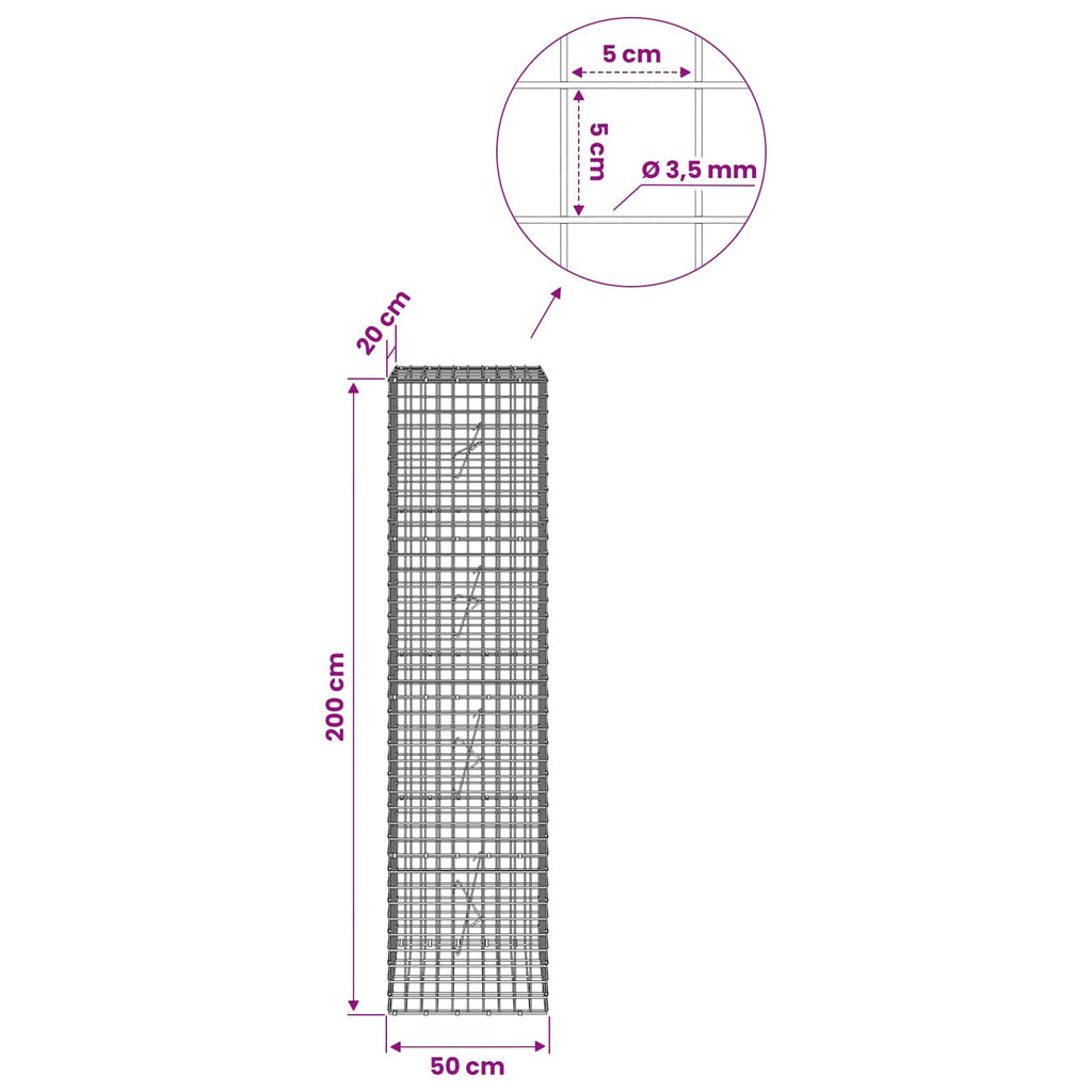 vidaXL Gabion z drutu 3,5 mm i siatką 5x5 cm 50x20x200 cm