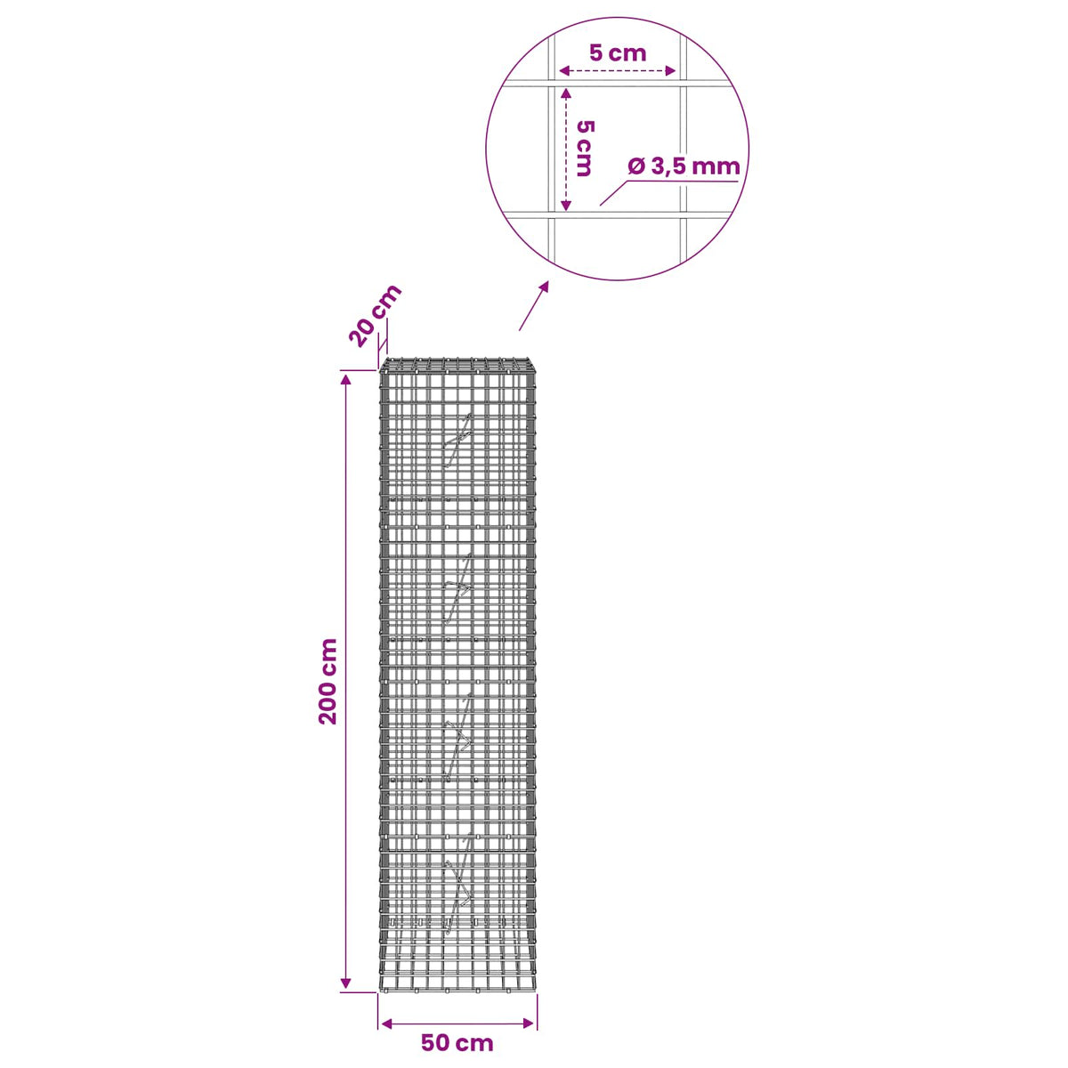 vidaXL Gabion z drutu 3,5 mm i siatką 5x5 cm 50x20x200 cm