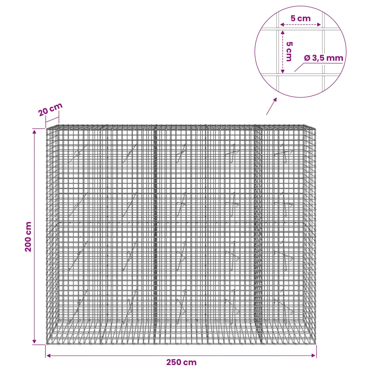 vidaXL Gabion z drutu 3,5 mm i siatką 5x5 cm 250x20x200 cm