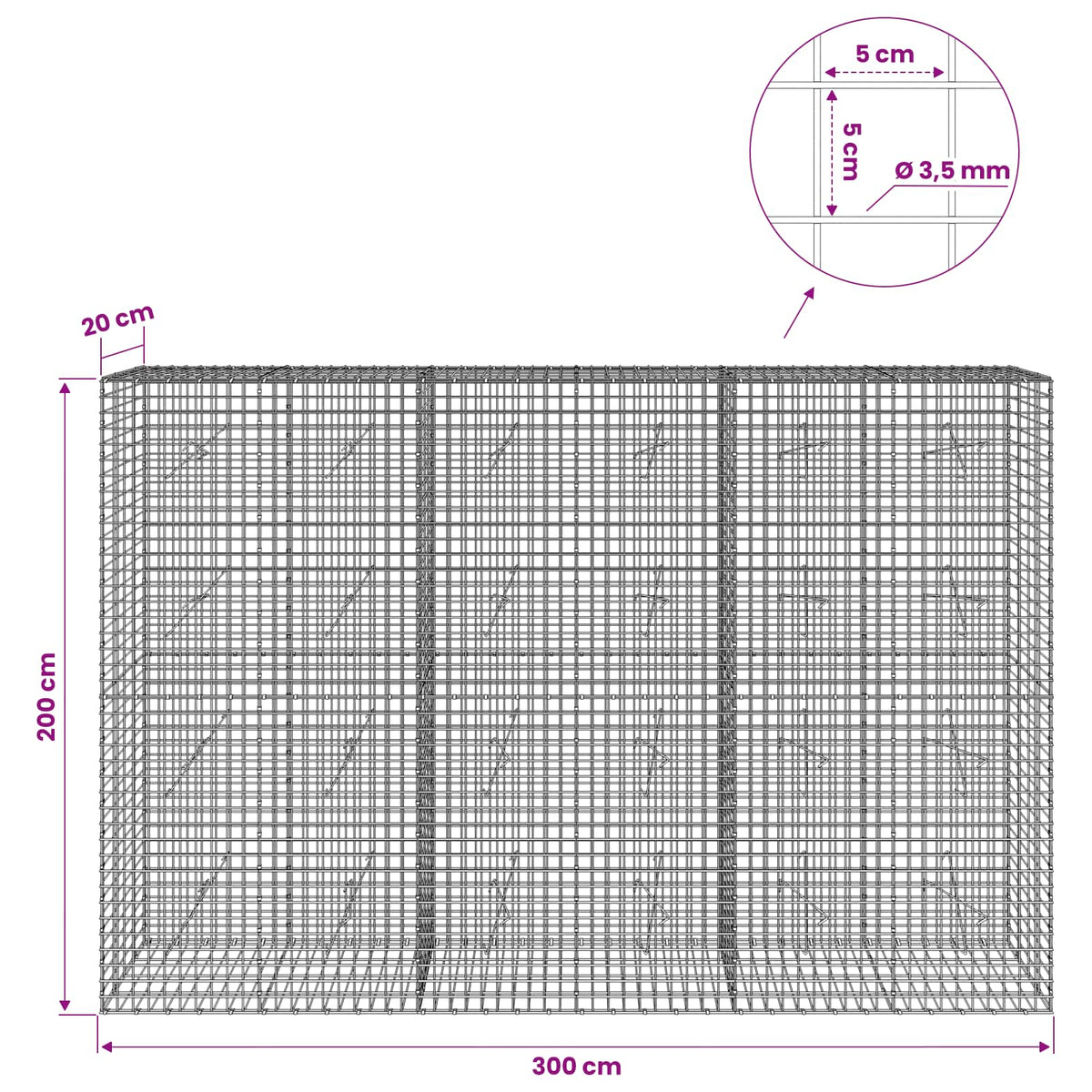 vidaXL Gabion z drutu 3,5 mm i siatką 5x5 cm 300x20x200 cm